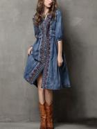 Romwe Buttoned Front Embroidered Denim Dress - Blue
