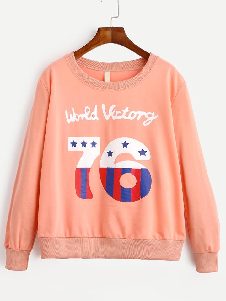 Romwe Pink Letter And Number Print Sweatshirt