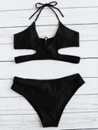 Romwe Black Cutout Design Halter Bikini Set