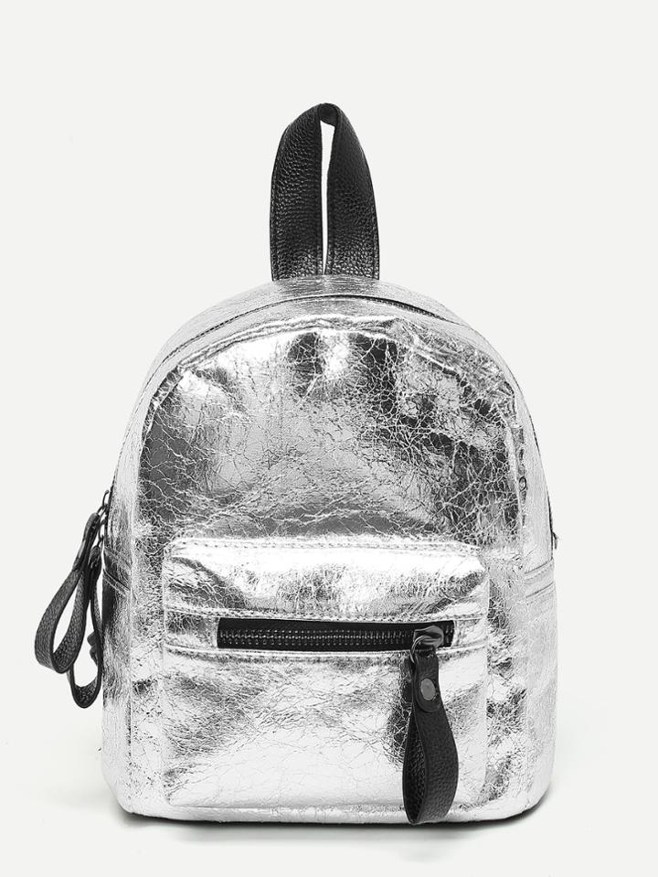 Romwe Metallic Zipper Pocket Front Backpack