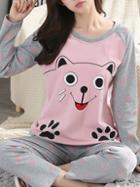 Romwe Cartoon Print Polka Dot Tee & Pants Pj Set