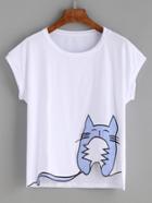 Romwe White Striped Cat Patch T-shirt
