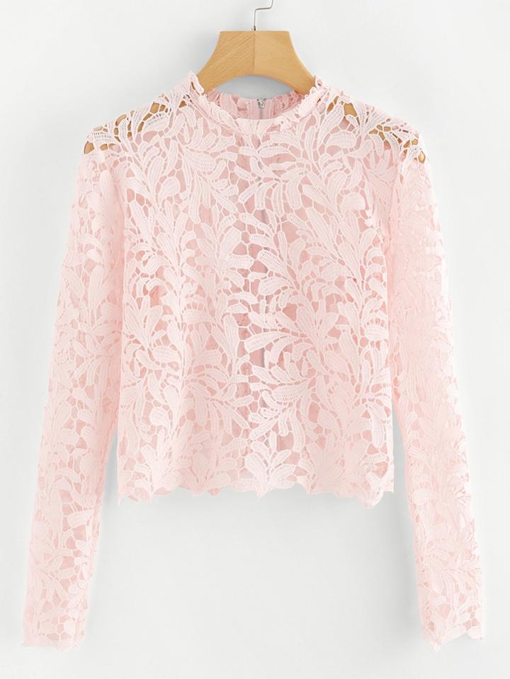 Romwe Lace Cut Out Zip Up Back Blouse