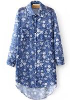 Romwe Dip Hem Lapel Florals Blouse