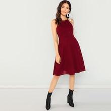Romwe Fit & Flare Solid Halter Dress