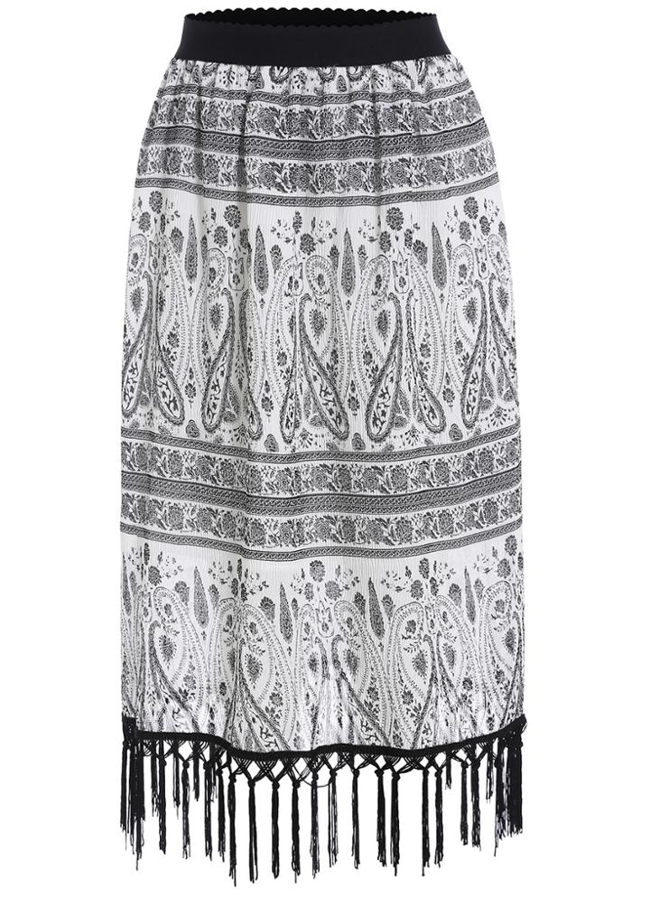 Romwe With Tassel Tribal Print White Skirt