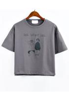Romwe Grey Cartoon Print Drop Shoulder T-shirt
