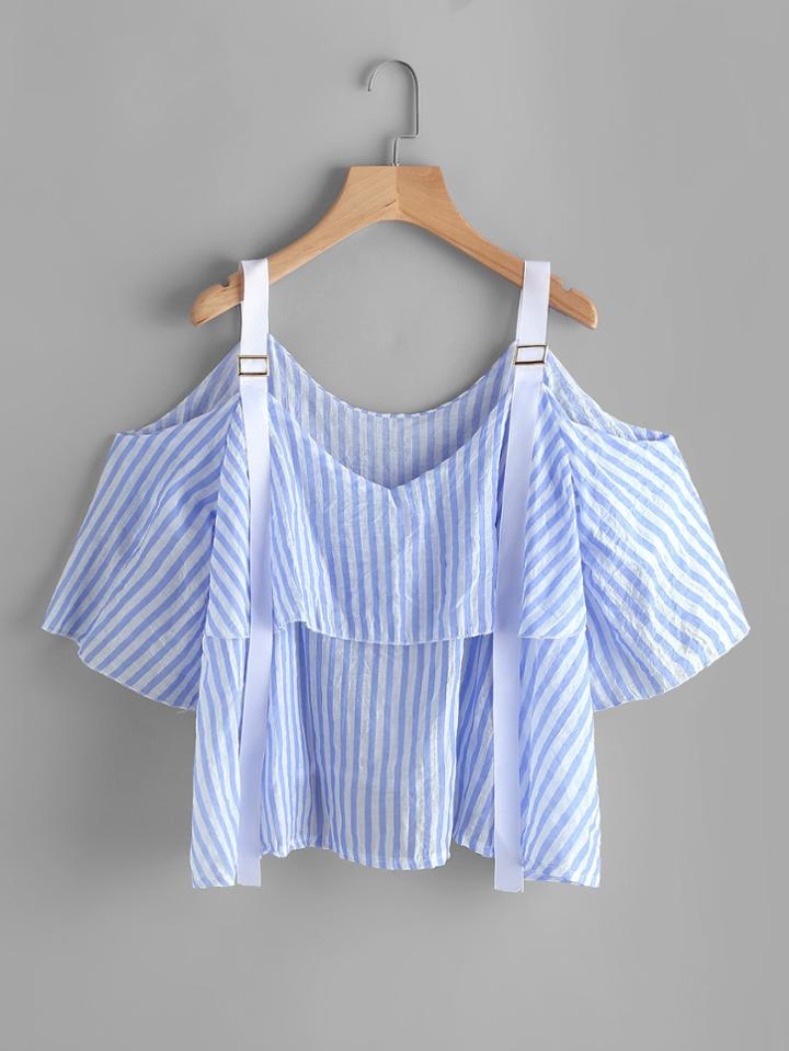 Romwe Open Shoulder Stripe Layered Top