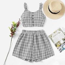 Romwe Single Breasted Plaid Top With Shorts
