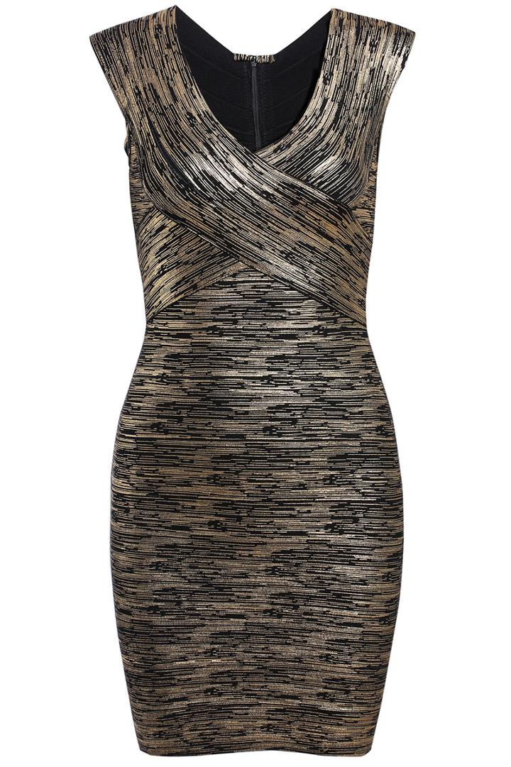 Romwe Cross V Neck Black Gold Dress
