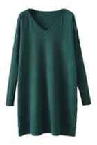 Romwe V Neck Sheer Green Knitted Dress