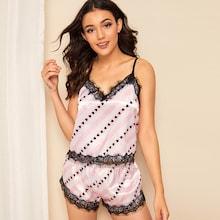 Romwe Heart Print Striped Lace Trim Satin Cami Pj Set