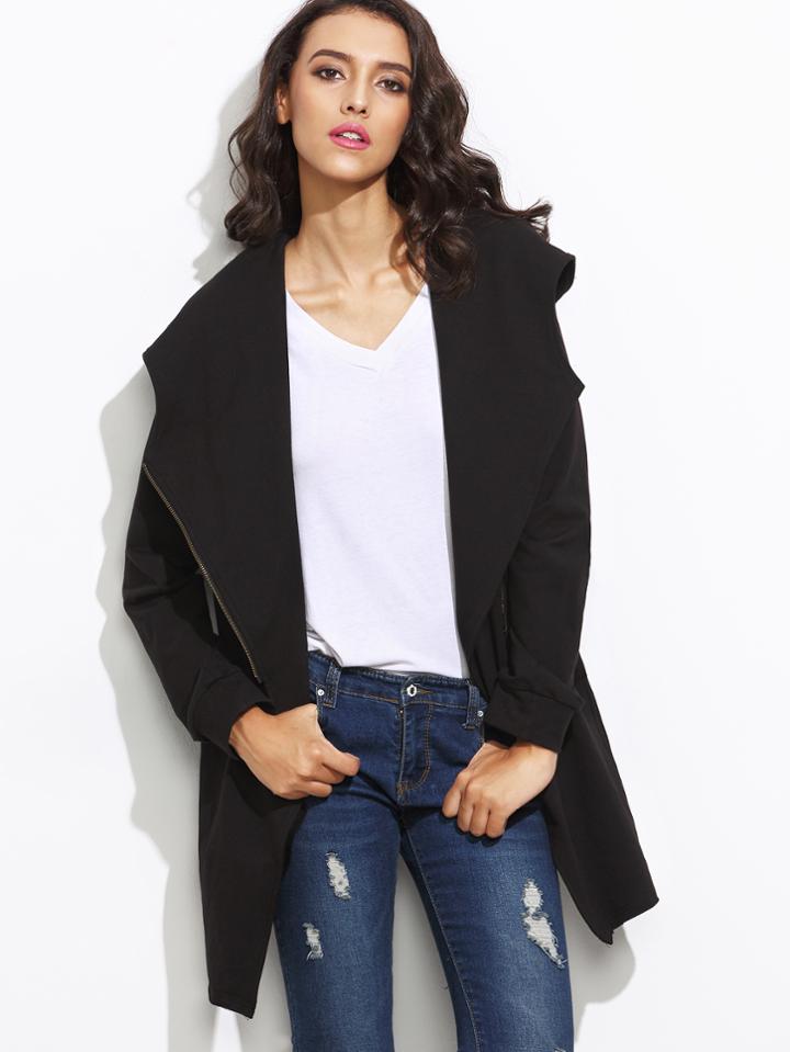 Romwe Black Hooded Asymmetric Zip Coat