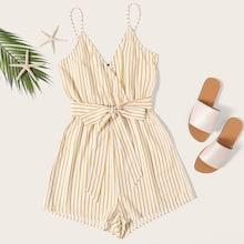 Romwe Striped Wrap Cami Romper With Belt