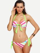 Romwe Striped Print Side Tie Bikini Set