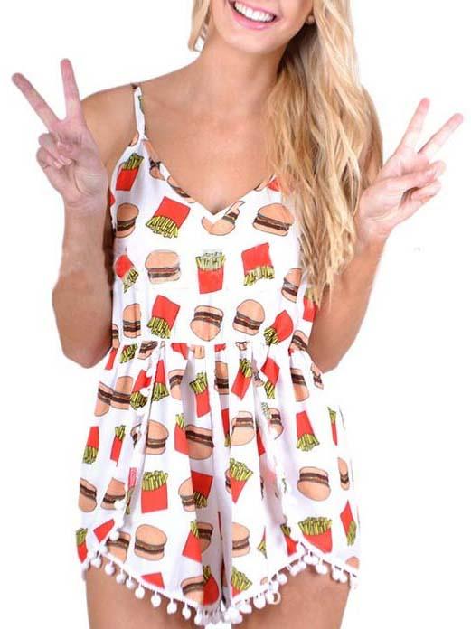 Romwe Spaghetti Strap Hamburger Print Embellished Hem Romper