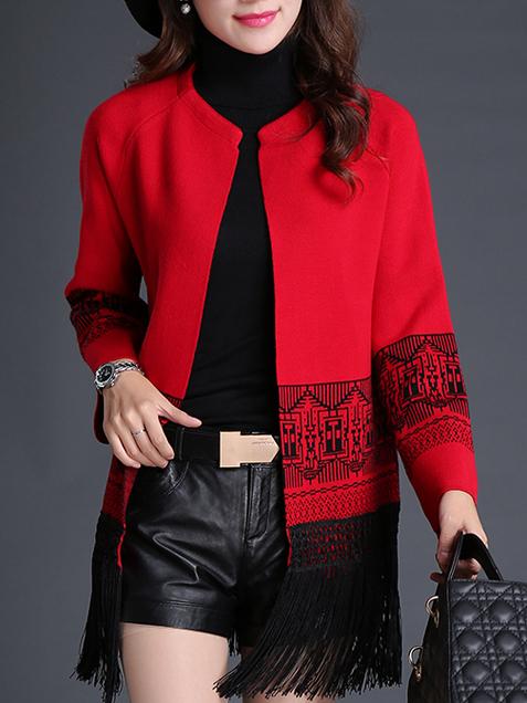 Romwe Geometric Print Tassel Red Coat