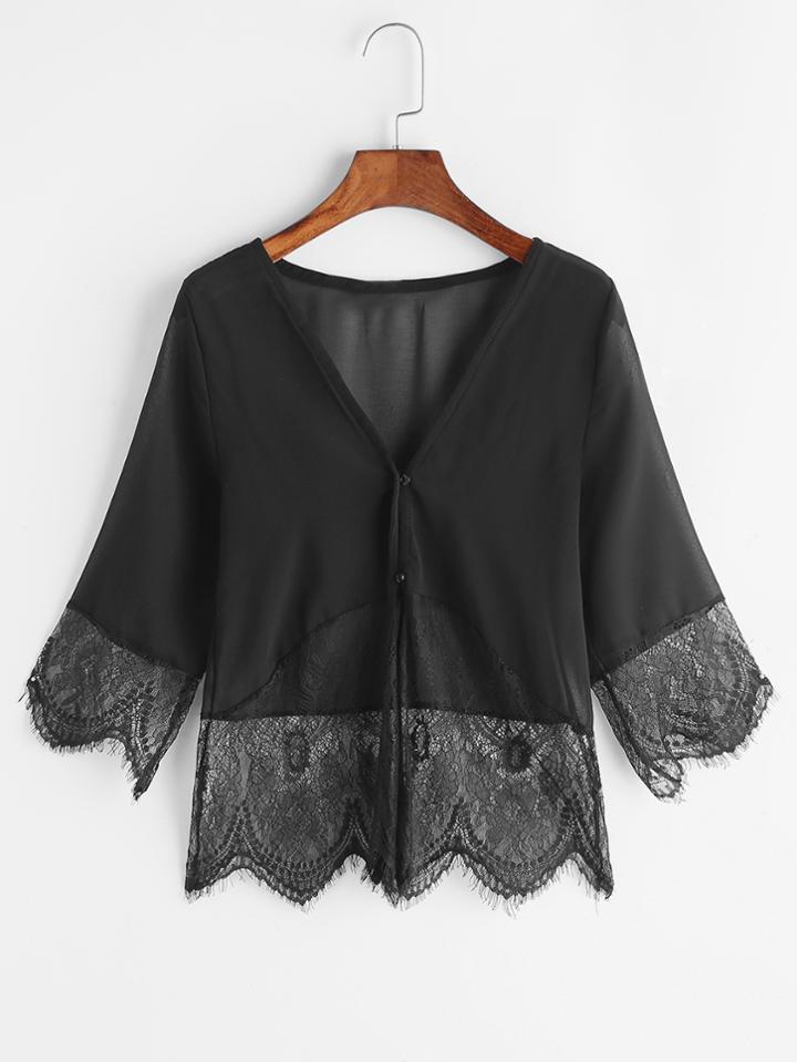 Romwe Black V Neck Eyelash Lace Trim Top