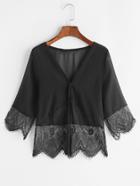 Romwe Black V Neck Eyelash Lace Trim Top