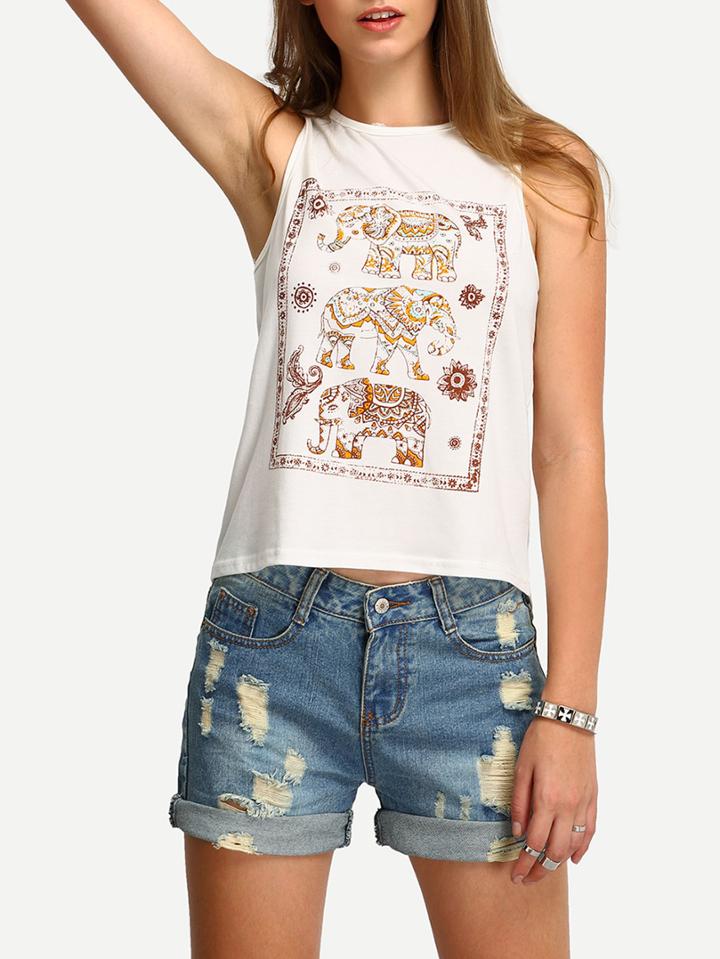 Romwe Elephant Print High-low Tank Top