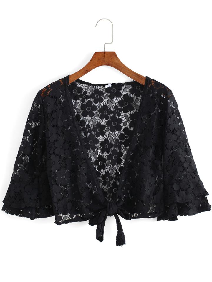 Romwe Half Sleeve Knotted Lace Crop Black Top