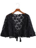 Romwe Half Sleeve Knotted Lace Crop Black Top