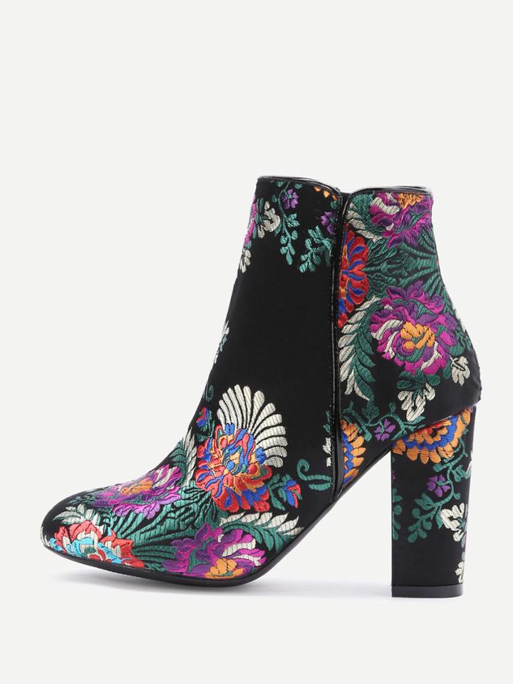 Romwe Black Floral Embroidery Chunky Heeled Ankle Boots
