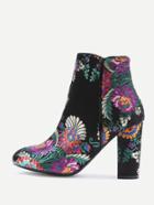 Romwe Black Floral Embroidery Chunky Heeled Ankle Boots