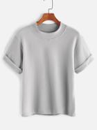 Romwe Grey Rolled Sleeve Casual T-shirt
