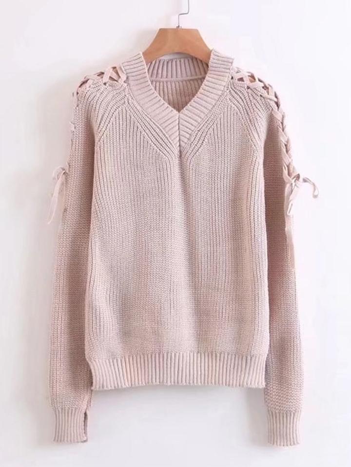 Romwe Lace Up Sleeve Side Slit Sweater