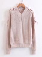 Romwe Lace Up Sleeve Side Slit Sweater
