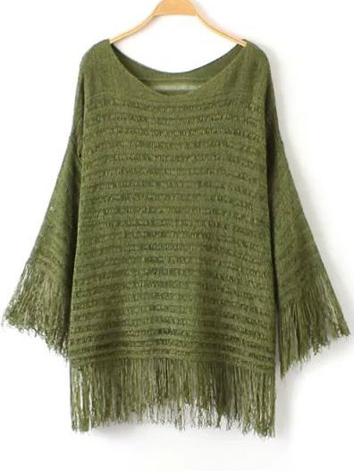 Romwe With Tassel Bat Green Sweater