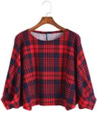 Romwe Red Blue Round Neck Plaid Checkered Crop Top