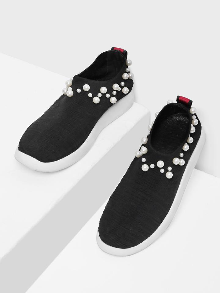 Romwe Faux Pearl Decorated Knit Sneakers