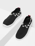 Romwe Faux Pearl Decorated Knit Sneakers