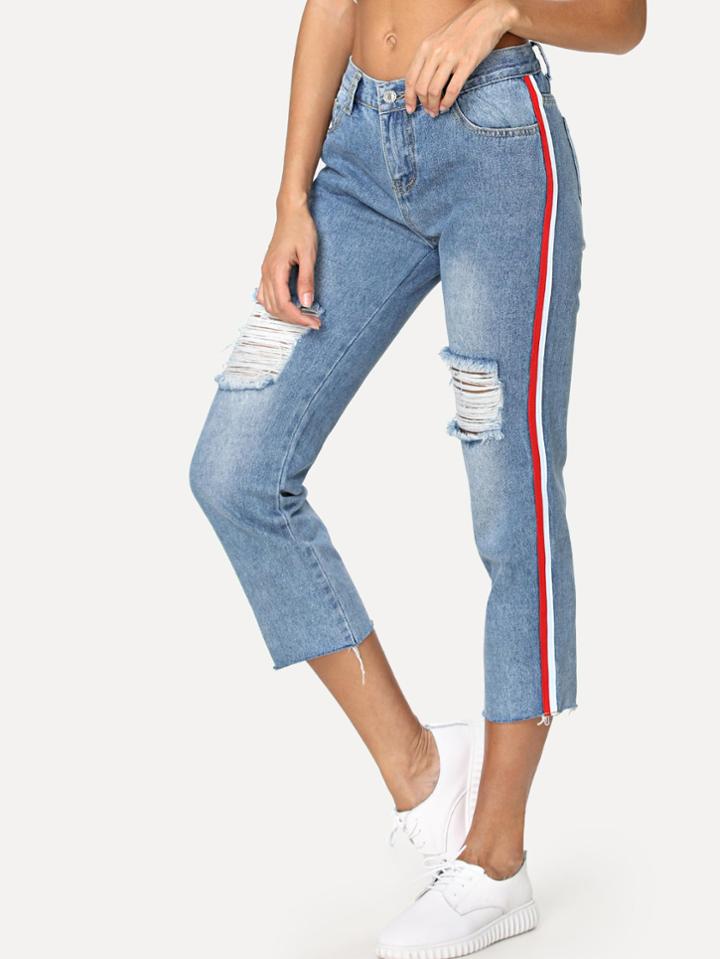 Romwe Stripe Tape Side Ripped Jeans
