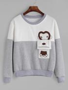 Romwe Grey Contrast Monkey Embroidery Pocket Sweatshirt