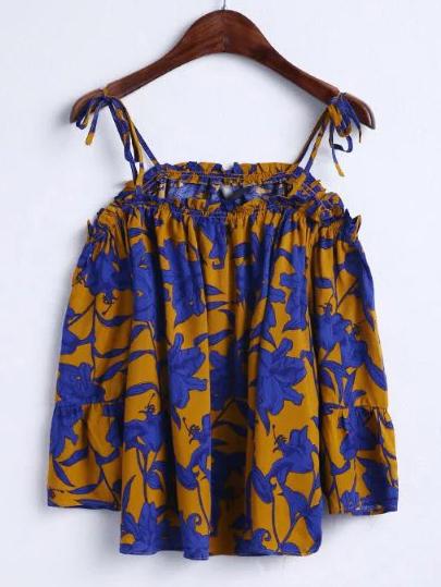 Romwe Multicolor Cold Shoulder Floral Blouse