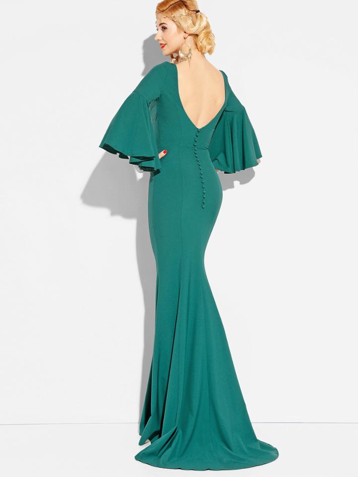 Romwe Bell Sleeve Single Breasted Open Back Mermaid Dress