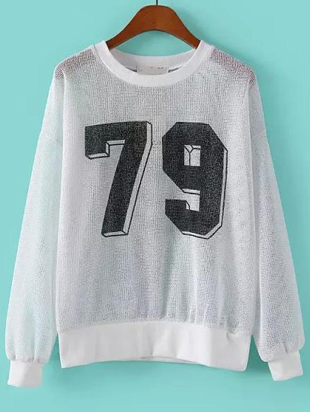 Romwe White Long Sleeve 79 Print Hollow Sweatshirt