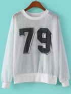 Romwe White Long Sleeve 79 Print Hollow Sweatshirt