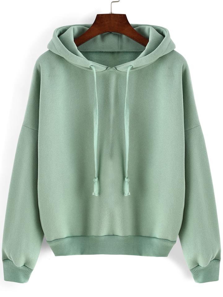 Romwe Green Hooded Long Sleeve Loose Crop Sweatshirt