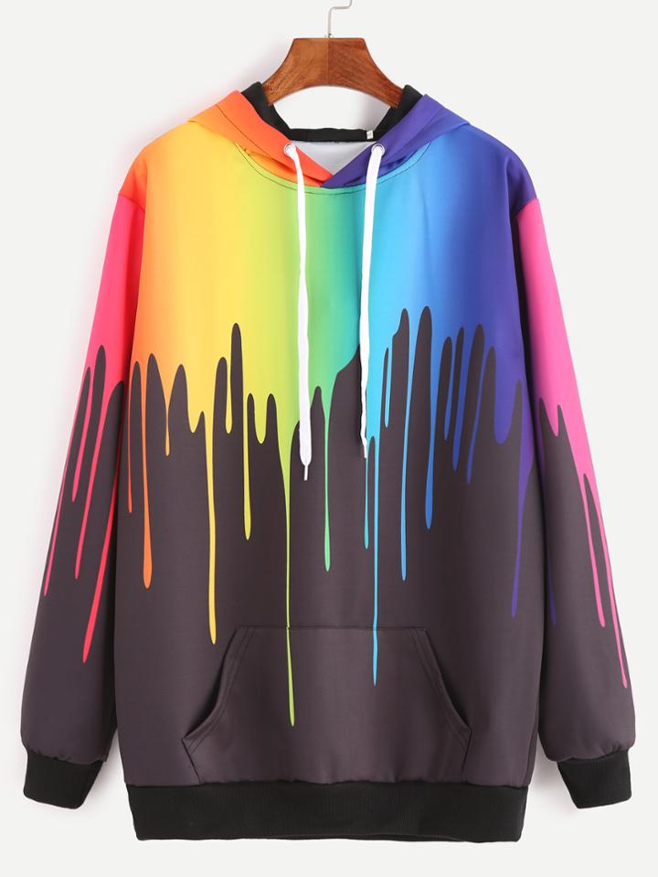 Romwe Black Paint Drip Print Drawstring Hooded Pocket Sweatshirt
