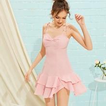 Romwe Gathered Front Ruffle Hem Knot Strap Dress