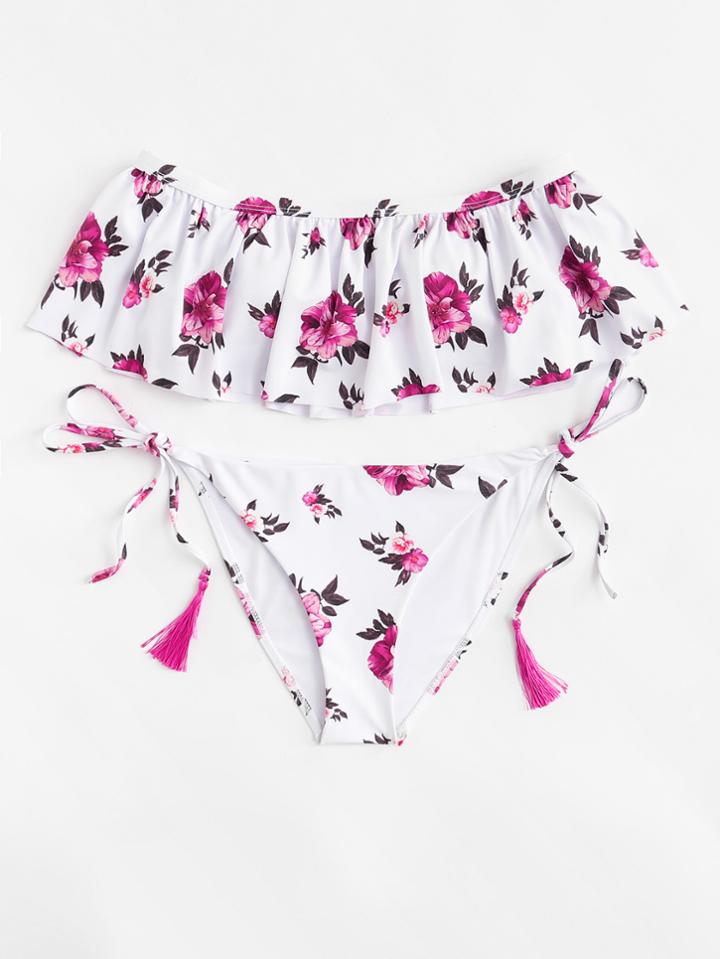 Romwe Flower Print Flounce Bikini Set