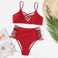 Romwe Criss Cross Top With Ladder Cut-out Bikini Set