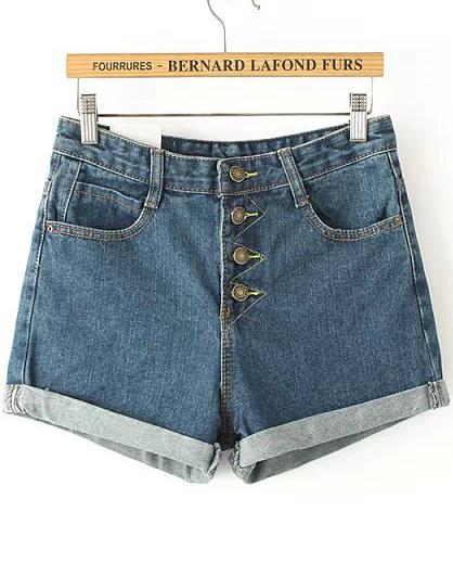 Romwe Blue Flange Buttons Denim Shorts