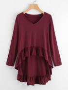 Romwe V-neckline Frill Hem High Low Tee