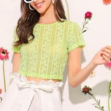Romwe Neon Lime Semi Sheer Guipure Lace Crop Top