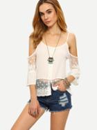 Romwe Cold Shoulder Buttoned Front Lace Trimmed Top - White